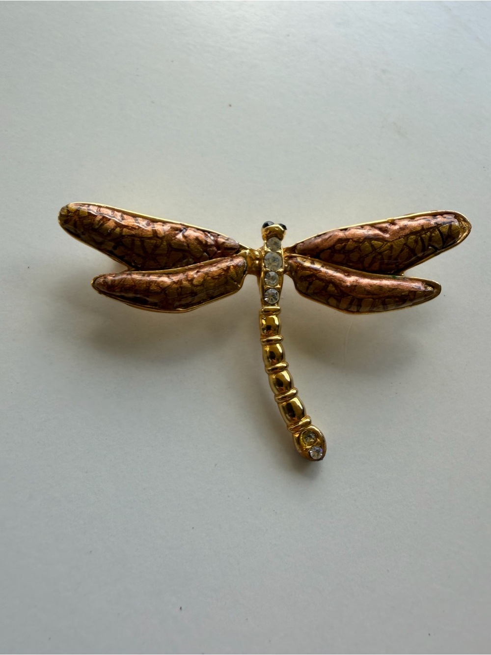 Gold & Copper Dragonfly Brooch with Crystal Accents - Picture 2 of 8
